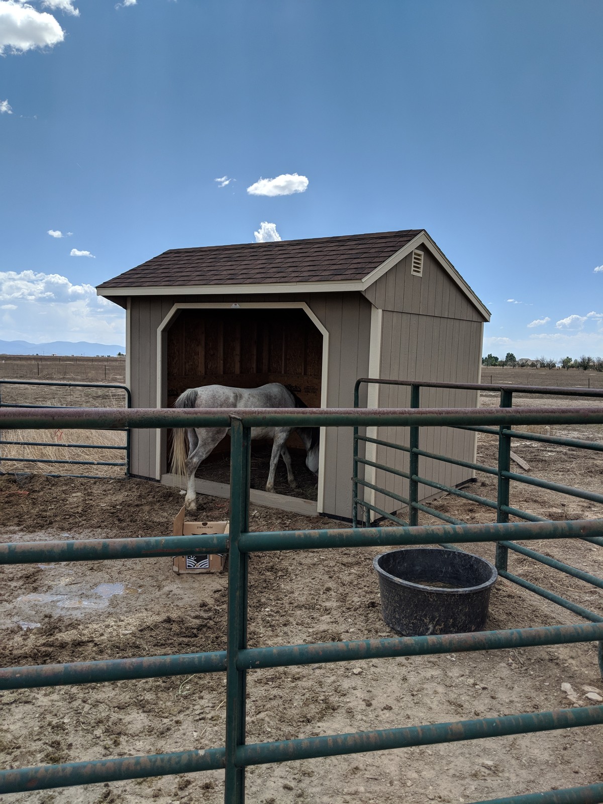 Open front horse run-in shelter with kickboard walls installed on a Colorado ranch